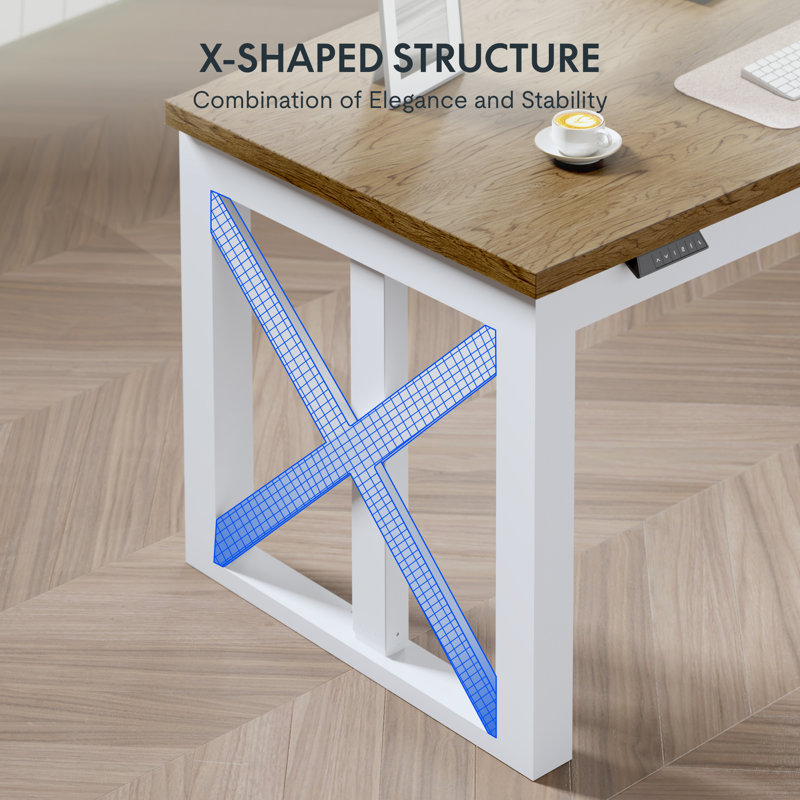 Wood L-Shaped Electric Standing Desk With Drawer, 55" W x 48" D