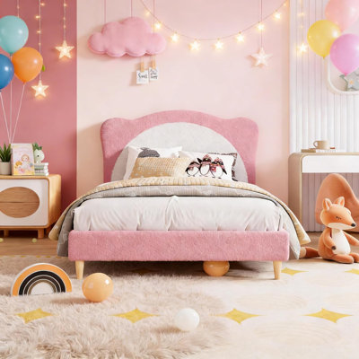 Full Size Bed Frame for Kids - Cute Velvet Princess Platform Bed with Upholstered Headboard for Girls/Boys, Solid Wood Slats Support, No Box Spring Needed, Pink + White