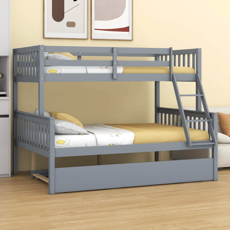 Twin Over Full Rubber Wood Bunk Bed – Twin-Size Trundle, Convertible Ladder, Guardrail & Detachable/Convertible Design, Gray