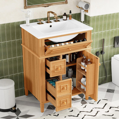 Rustic Wood-Style Bathroom Vanity with Ceramic Basin