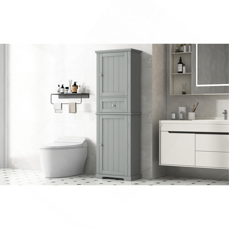 Grande armoire de rangement pour salle de bain, armoire de rangement autoportante avec tiroir et tablette réglable, panneau de fibres à densité moyenne avec finition peinte