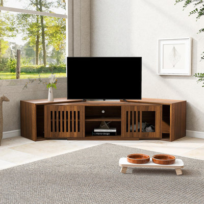 Meuble télé extensible de style Mid-Century moderne de 54,3 po (jusqu'à 100 po) avec chat et litière - centre de divertissement en bois de noyer, portes coulissantes, meubles pour animaux cachés