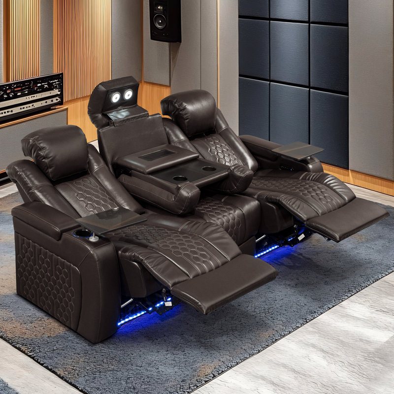 Chaise de cinéma maison en cuir véritable 3 pièces, brun, Brun
