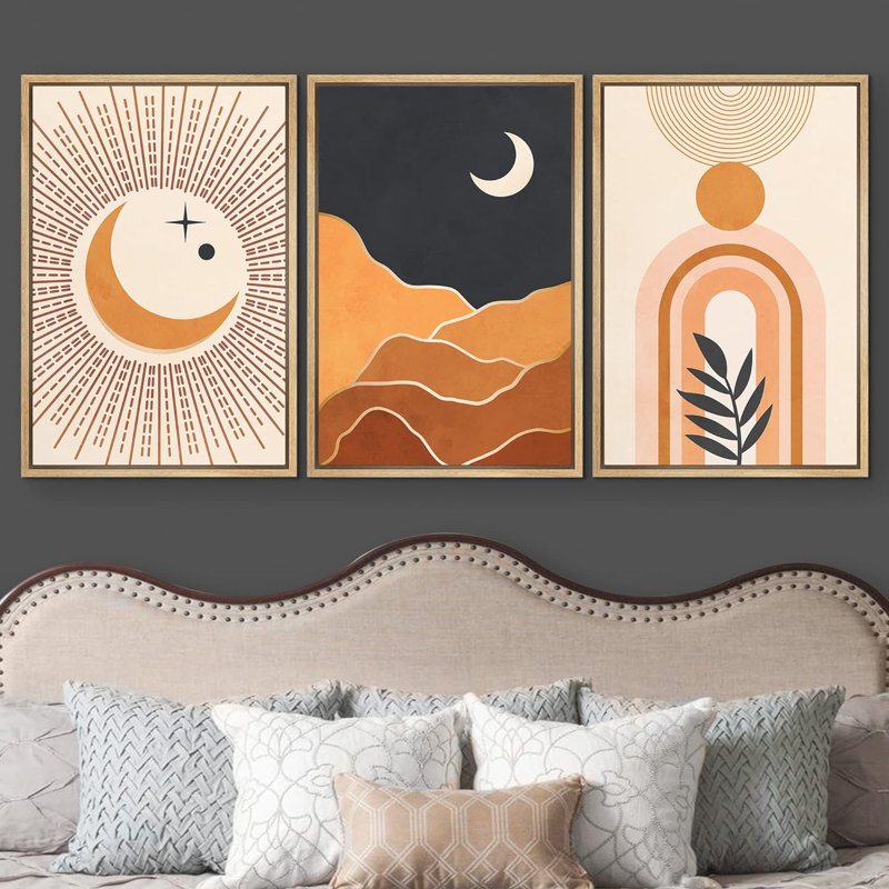 " Boho Retro Geometric Crescent Moon Desert Star Abstract Illustrations Modern Art Landscape Colourful " 3 - Pieces, Naturel