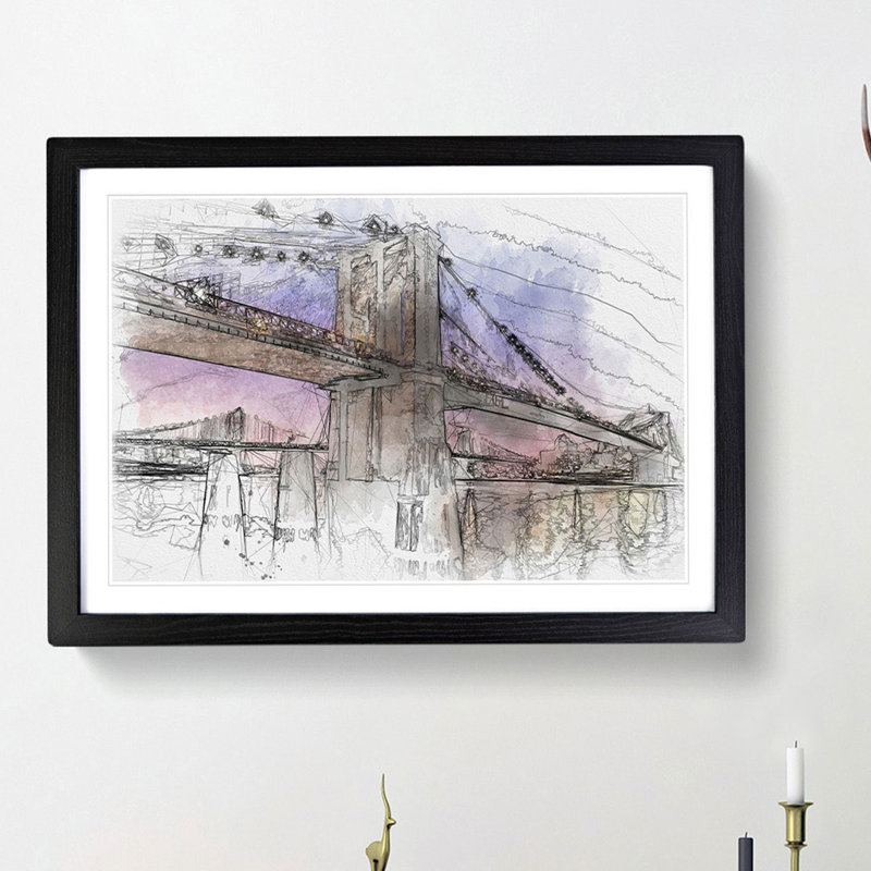 Brooklyn Bridge at Night - Picture Frame Graphic Art Print, 45cm H x 63cm W x 2cm D, Black Framed