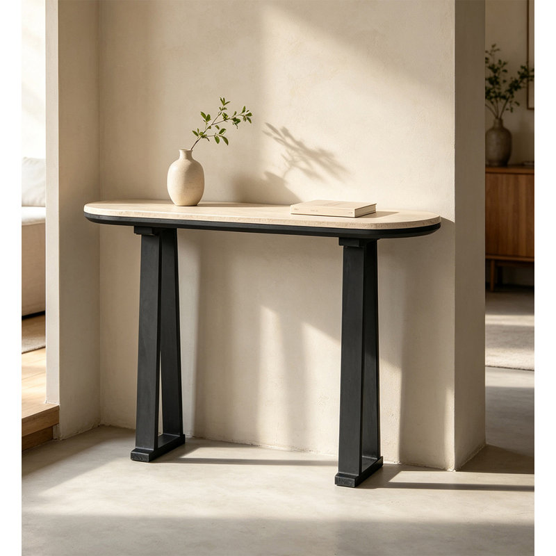 Table d'appoint décorative contemporaine en matériaux mixtes avec plateau en travertin pour l'entrée de la maison, Black
