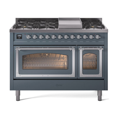 ILVE UN48FNMPEGG Nostalgie II Noblesse 48 inch Dual Fuel Range (8 Sealed Burners + Griddle, Triple Glass Door)