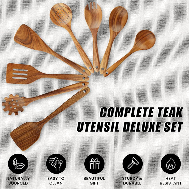 10-Piece Teak Wooden Cooking Utensil Set With Holder, Non-Scratch Wooden Kitchen Tools For Nonstick Cookware, Heat-Resistant & Durable
