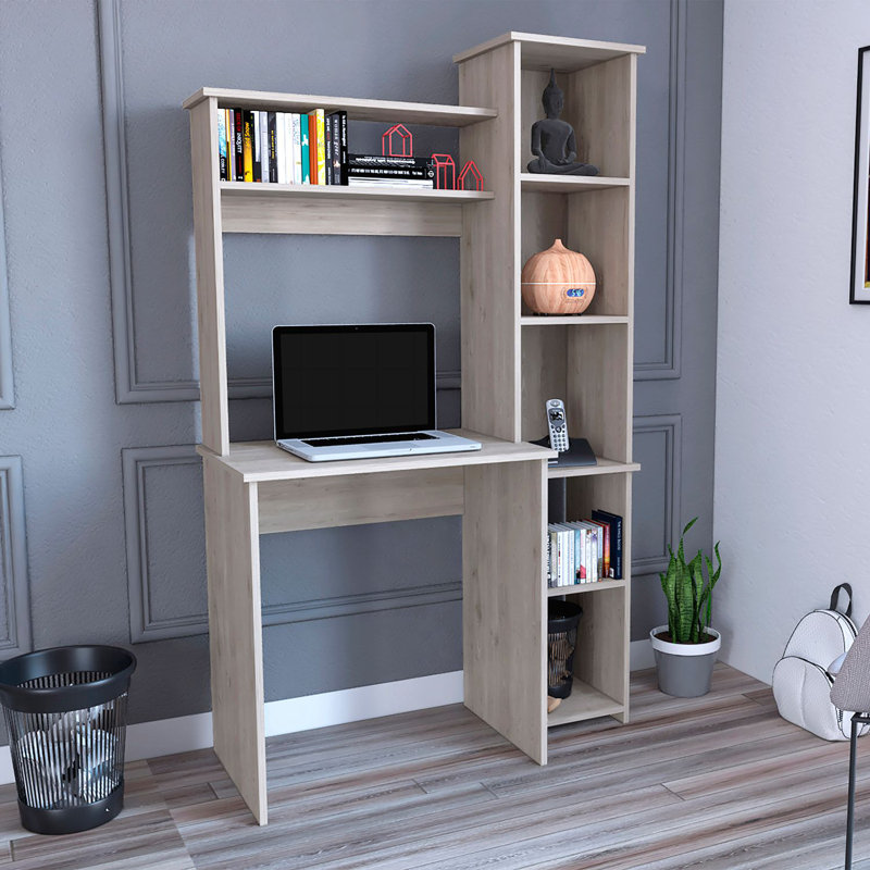 Ebern Designs Versalles Writing Desk with Shelves — Light Gray / 63.98 in