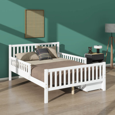 Lit plateforme double en bois avec garde-corps double et double compartiment de rangement