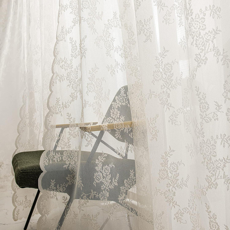 Deeprove White Lace Curtains 39.37 Inches Long 2 Panels Set for Bedroom, Sheer Floral Embroideried Vintage Victorian Gothic Window Treatment Pair Ruffle Drape Pair for Halloween, Rod Pocket, W39.37 x L39.37