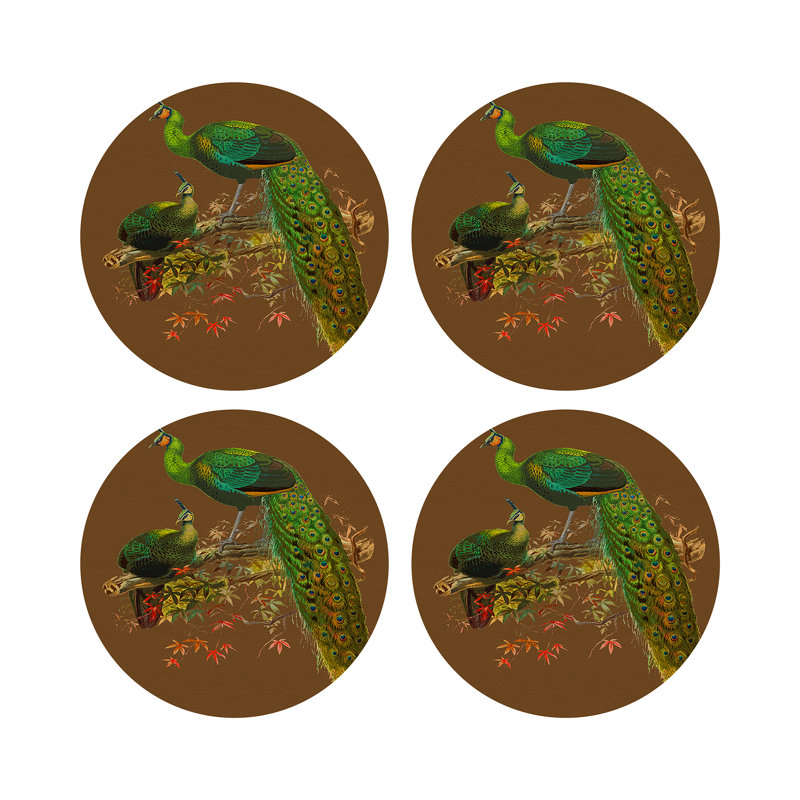 Family Pheasants Vegan Leather Round Pebble Placemat, Brown