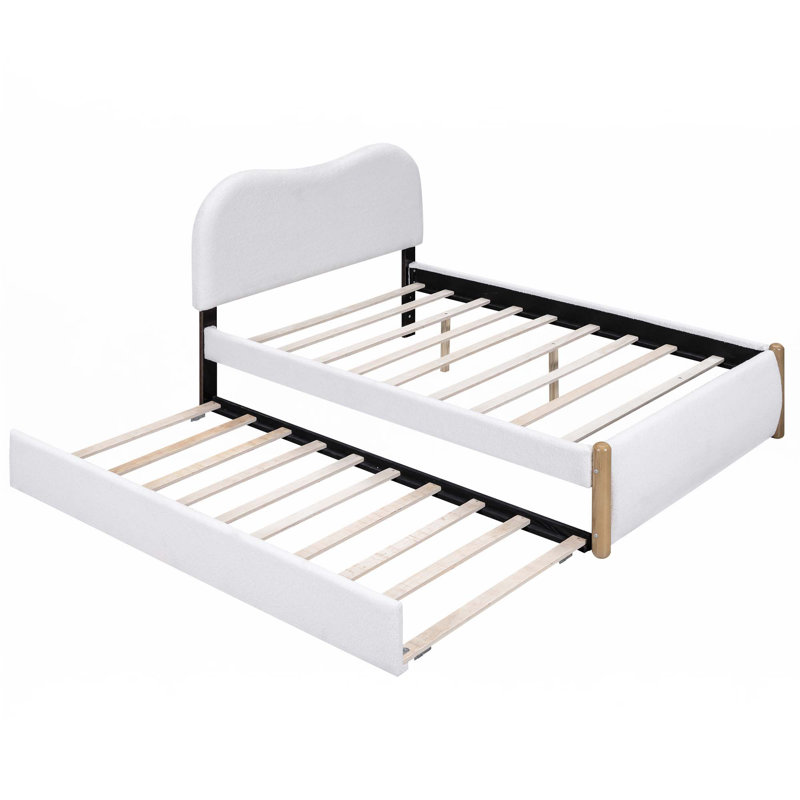 Lit plateforme tapissier avec pieds de support en bois et lit gigogne simple, Double, Blanc