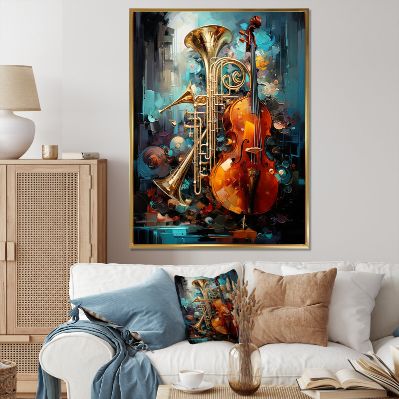 «Trombone Violen Tribute Jazzed Jade» sur toile, H 20 po x l 12 po x P 1 po, Cadre flottant doré