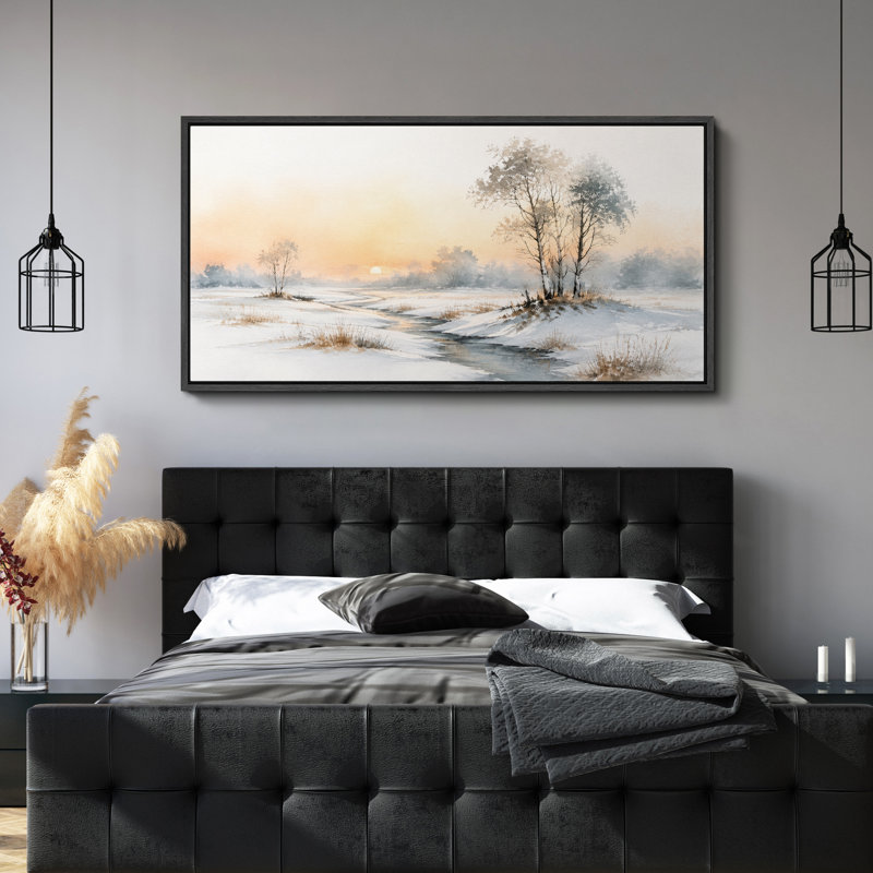 «Minimalist Winter Snowy Field River Landscape Wall Decor», impression sur toile encadrée pour chambre principale, Noir