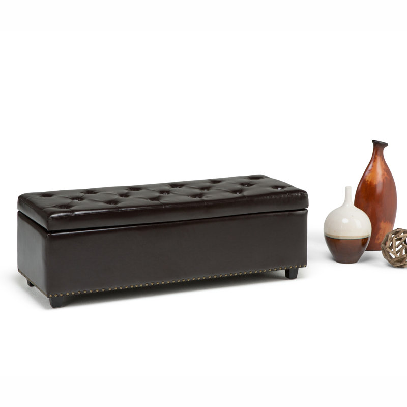 Banc de rangement avec repose-pieds clouté rectangulaire en cuir Vegan, Similicuir brun café