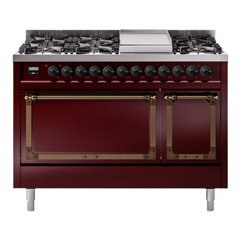 ILVE Nostalgie II Noblesse 48 in Dual Fuel Range, 8 Burner, Griddle, Liquid Propane, Burgundy/Burnished