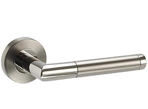 Golden Grace 1 Set Mitred Style Door Handles on Round Rose in Dual Finish Complete with Hinges and Latch