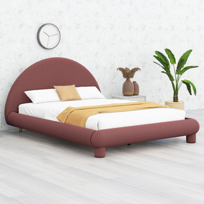 Modern Upholstered Platform Bed Frame with Curved Headboard & Wood Slats