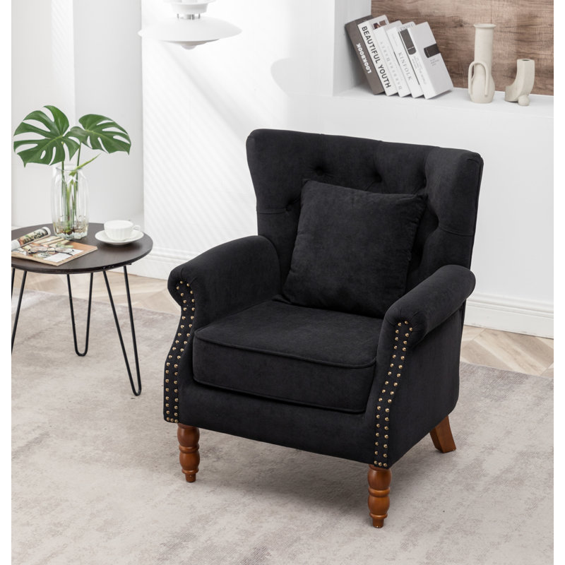 Fauteuil à oreilles en polyester capitonné de 29 po de large Jacquelyn, 100 % polyester noir