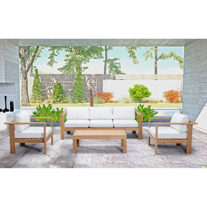 Ando 4 Piece Teak Sofa Seating Group with Sunbrella Cushions, Canvas Natural Sunbrella® Canvas