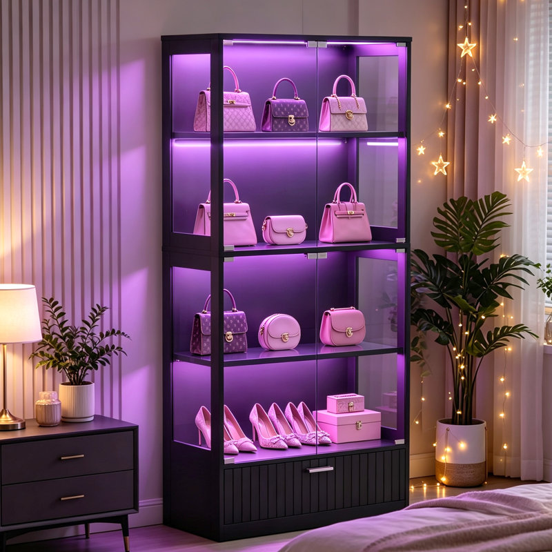 Vitrine de 168 cm de haut avec éclairage RVB, noire, Noir