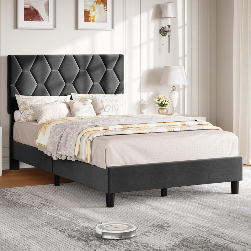 Linen Fabric Upholstered Bed Frame with Adjustable Headboard, Twin