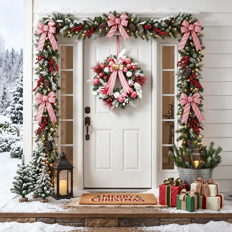 Couronne de Noël pré-illuminée de 61 cm (24 po) avec ruban et décorations pour porte d'entrée, mur et foyer