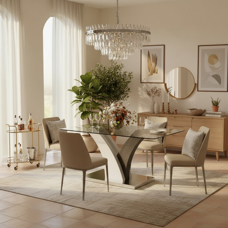 Hergen  63" Modern Rectangular Tempered Glass Dining Table with Pedestal Base