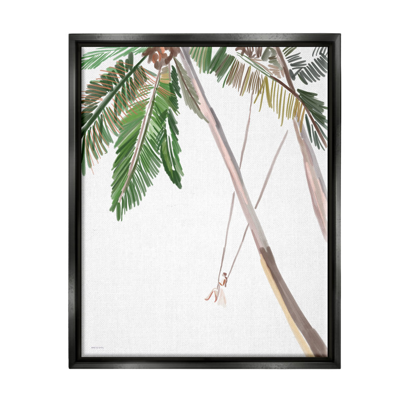«Girl Swinging Tropical Palm Trees» par Amelia Noyes - impression, H 31 po x l 25 po x P 1,7 po, Cadre flottant noir de jais