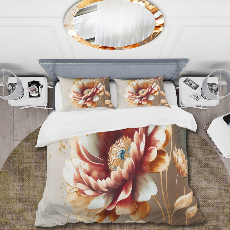Ensemble de housse de couette marguerite rouge et or - Polyester microfibre, Housse de couette pour très grand lit et 2 très
