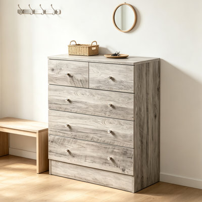 Rustic Whitewashed Oak 5‑Drawer Wood Chest of Drawers, Freestanding Modern Farmhouse Bedroom Storage Dresser Cabinet with Round Knobs for Clothing Organization