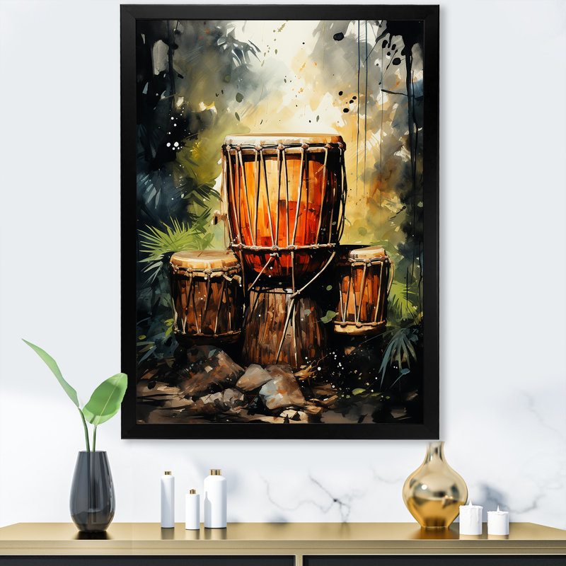 Percussion Drum Tamtam In Jungle 1 - musique, art mural, H 40 po x l 30 po x P 1,5 po, Cadre photo noir
