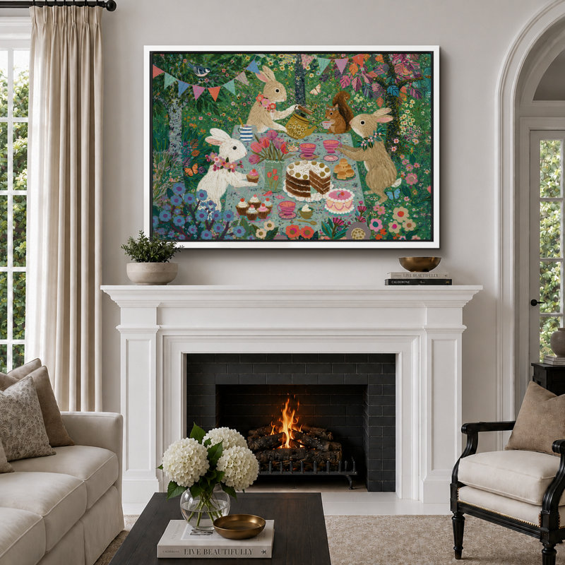«Woodland Rabbit Tea Party», image de chambre de bébé, impression sur toile encadrée, impression numérique, Cadre blanc
