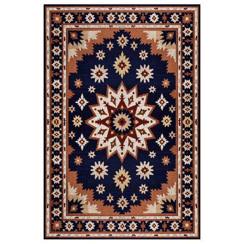 Minisa Collection Digital Print Cotton-Polyester Navy Moroccan Rug, Rectangle 5'3" x 9'11"