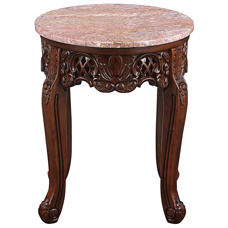 Chantret Hand-Carved Hardwood Side Table with Marble Top