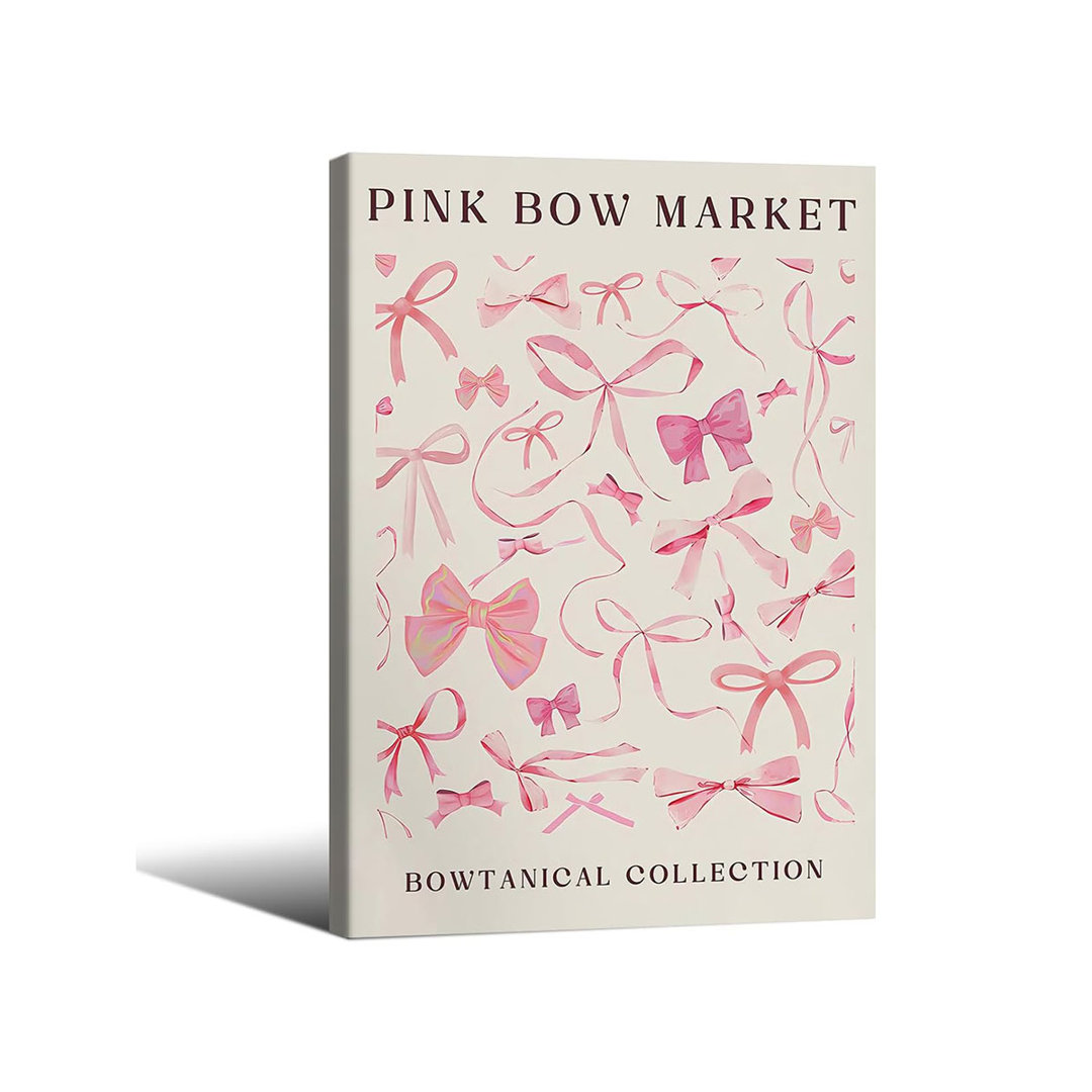 Trendy Pink Girly Wall Art Coquette Bow Canvas Posters Light Pink Watercolor Painting Prints 16X24 inch Framed Funky Preppy Aesthetic Wall Decor for B