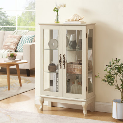 2 Doors Curio Cabinet With Tempered Glass, Mirrored Back, Adjustable Shelves, And LED Lighting For Elegant Display