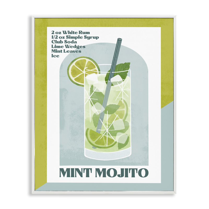 «Retro Mint Mojito Recipe Giclee Art» par Deane Beesley, H 30 po x l 24 po, Giclée encadrée blanc bord de mer