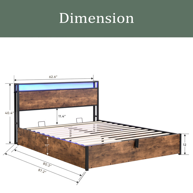 Cadre de lit avec rangement relevable, cadre de lit avec tête de lit bibliothèque et lumières DEL, cadre de lit plateforme en bois avec station de charge, boîte à ressorts non nécessaire, brun rustique