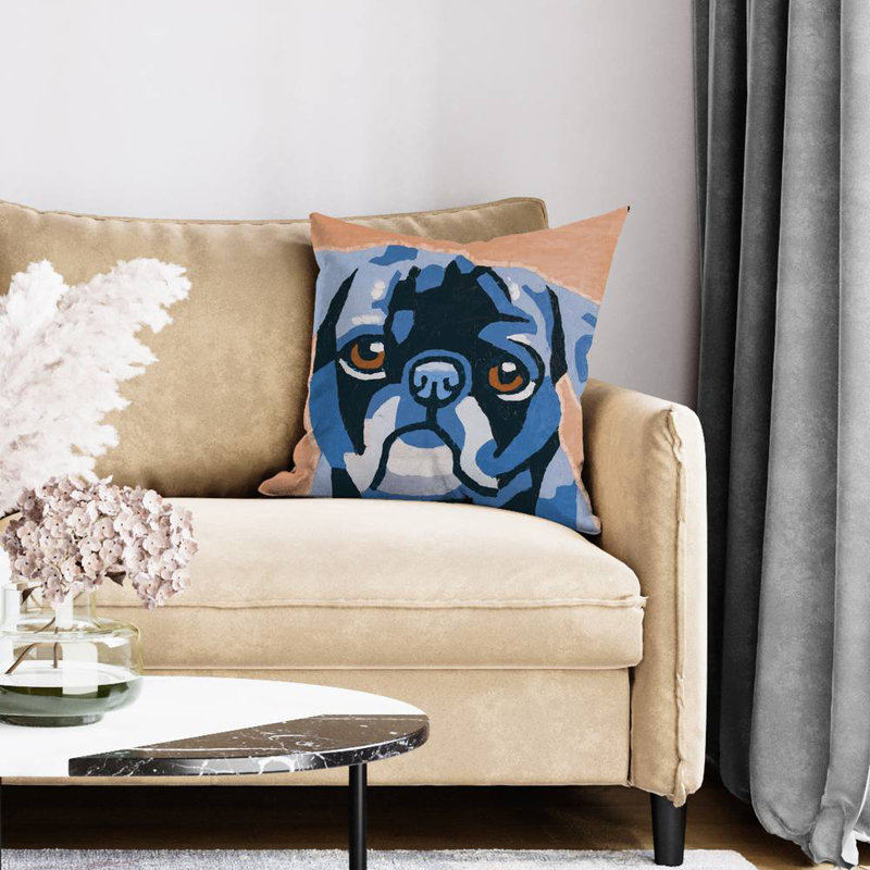 Flash the pug - 20"x20" Throw pillow - Poly twill - Print on demand, Brown/Blue