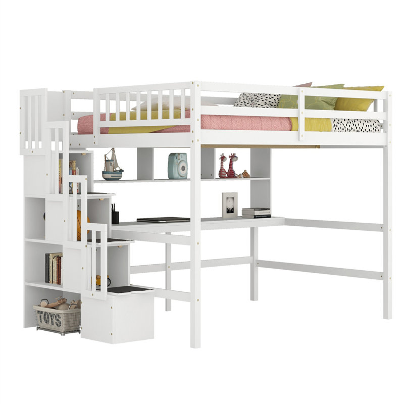 Lit mezzanine en bois massif pour enfants avec bureau intégré et tablettes, Blanc
