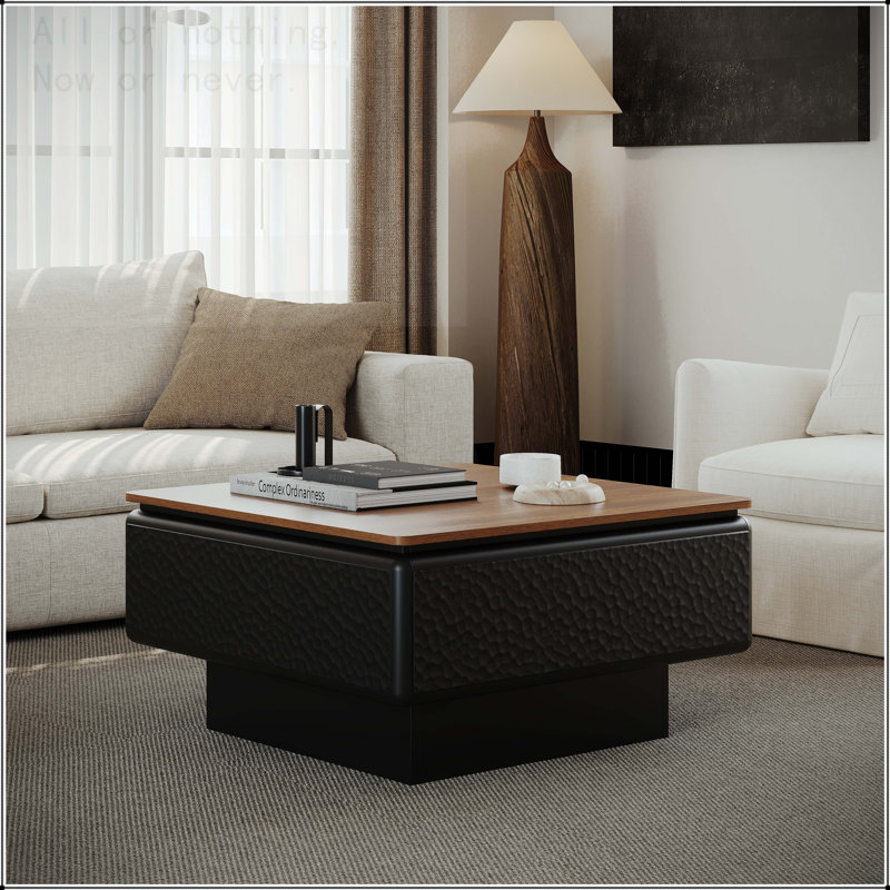 Table basse à plateau relevable avec rangement caché et texture martelée