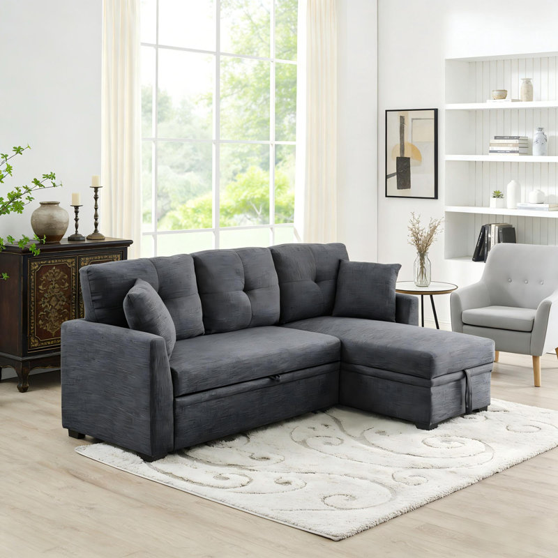 Canapé modulaire 76,5 po en mélange de lin avec lit escamotable et rangement pour chaise longue, Gris foncé
