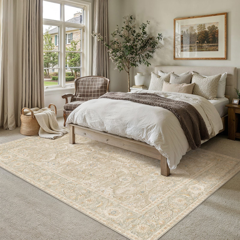 Tapis oriental lavable rétro Aurea avec envers antidérapant, Beige, Rectangle 5 pi x 7 pi