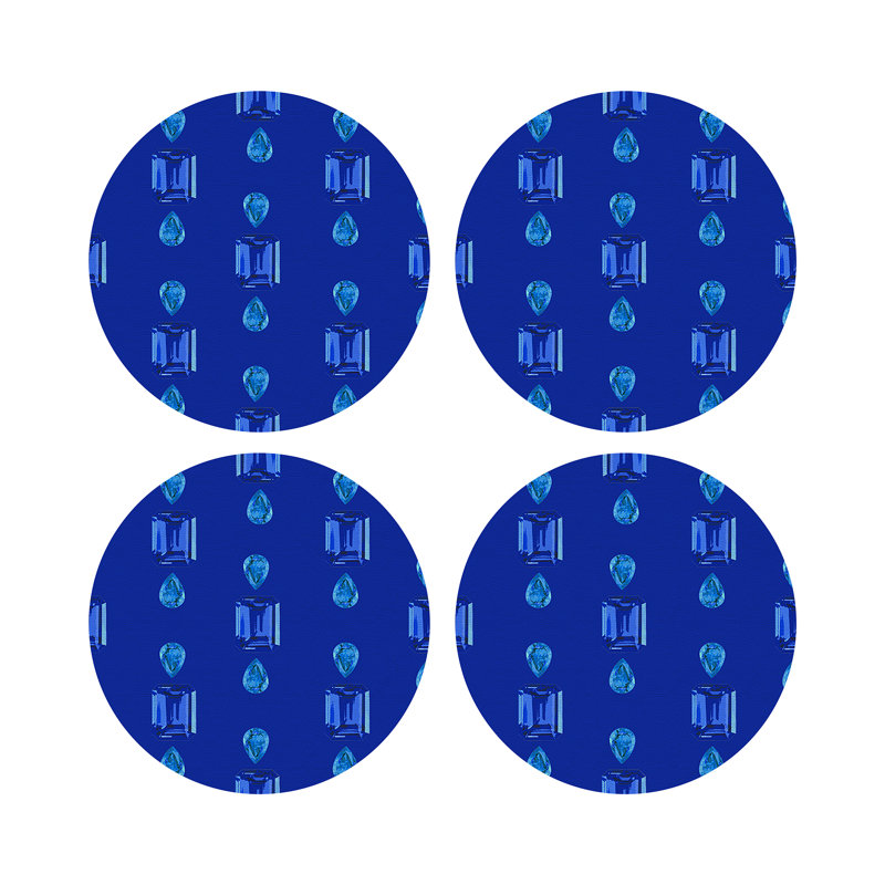 Gem Sapphires Topaz Royal Vegan Leather Round Coasters, Topaz Royal