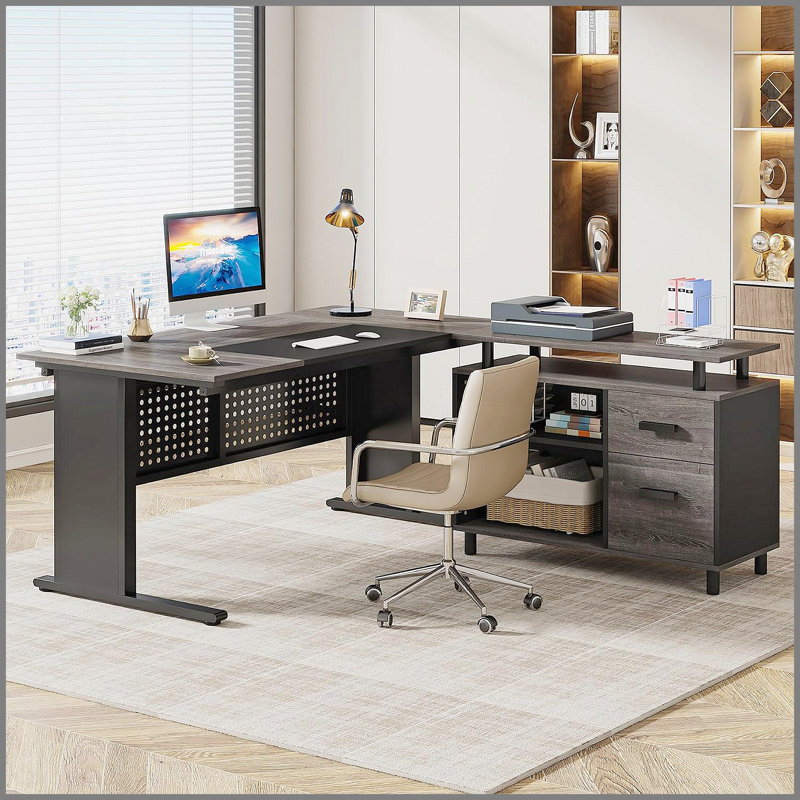 Bureau de direction en L de 63 pouces avec classeur, grand bureau moderne avec tiroirs, tablettes et rangement, poste de travail en coin pour la maison et le bureau