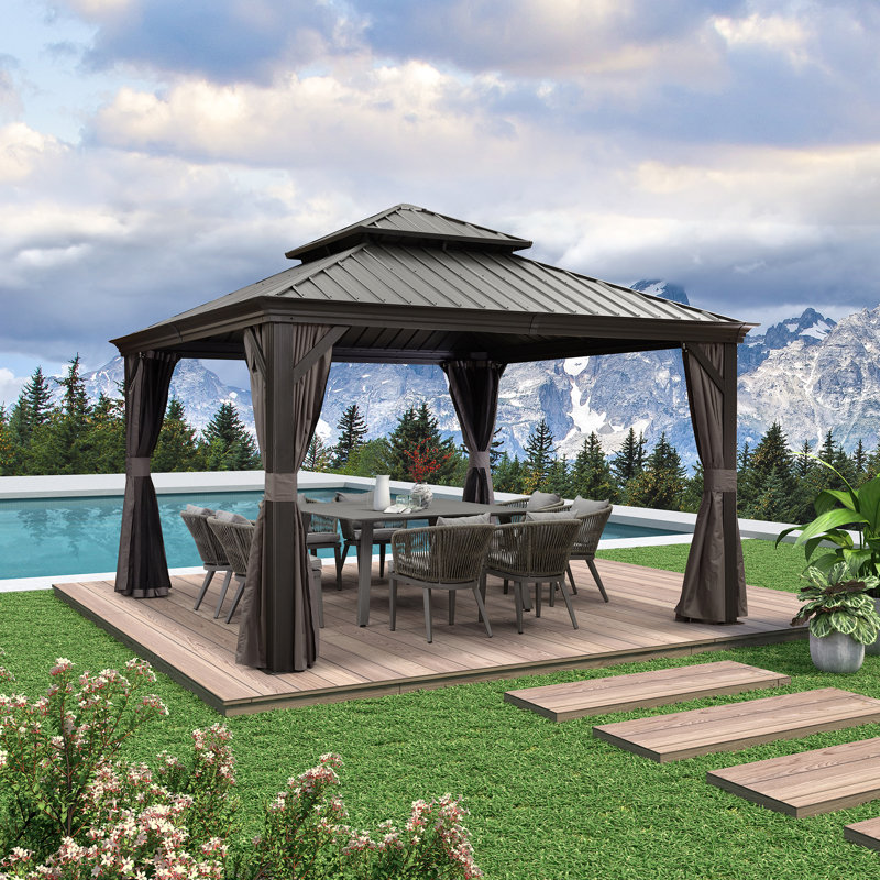 PURPLE LEAF 12' X 12' Permanent Hardtop Gazebo Aluminum Gazebo with Galvanized Steel Double Roof for Patio Lawn and Garden, Curtains and Netting Included, Gray
