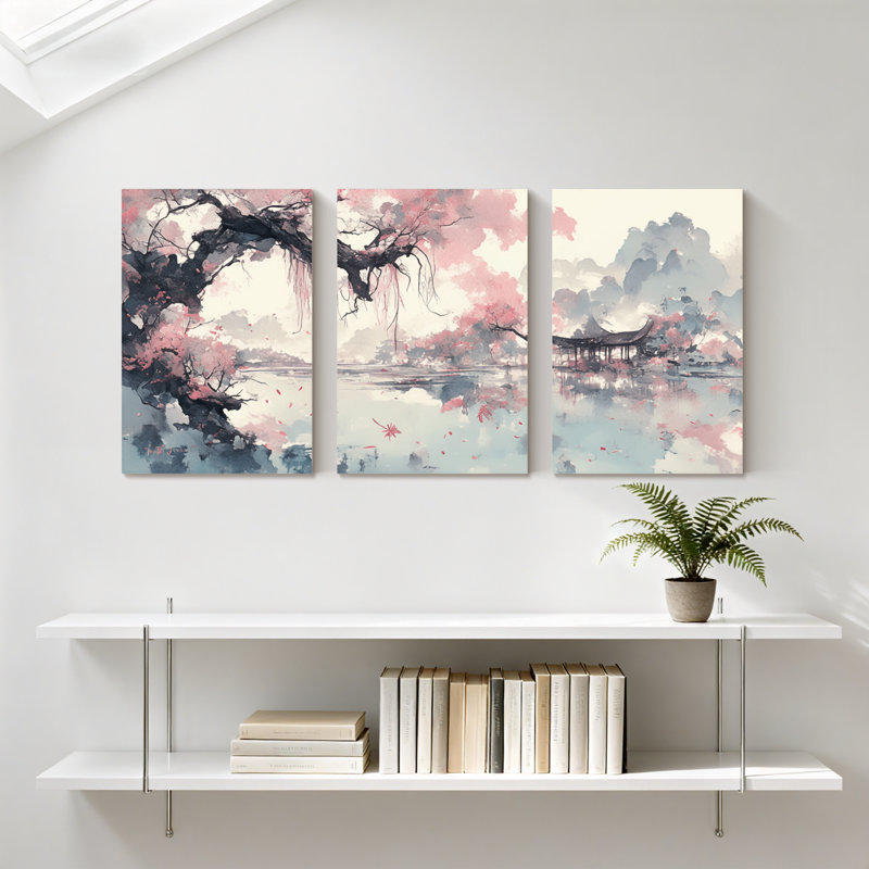 Paysage et nature, arbre à fleurs de cerisier, lac, pavillon, montagnes, reflet, printemps, ensemble de 3 impressions sur toile
