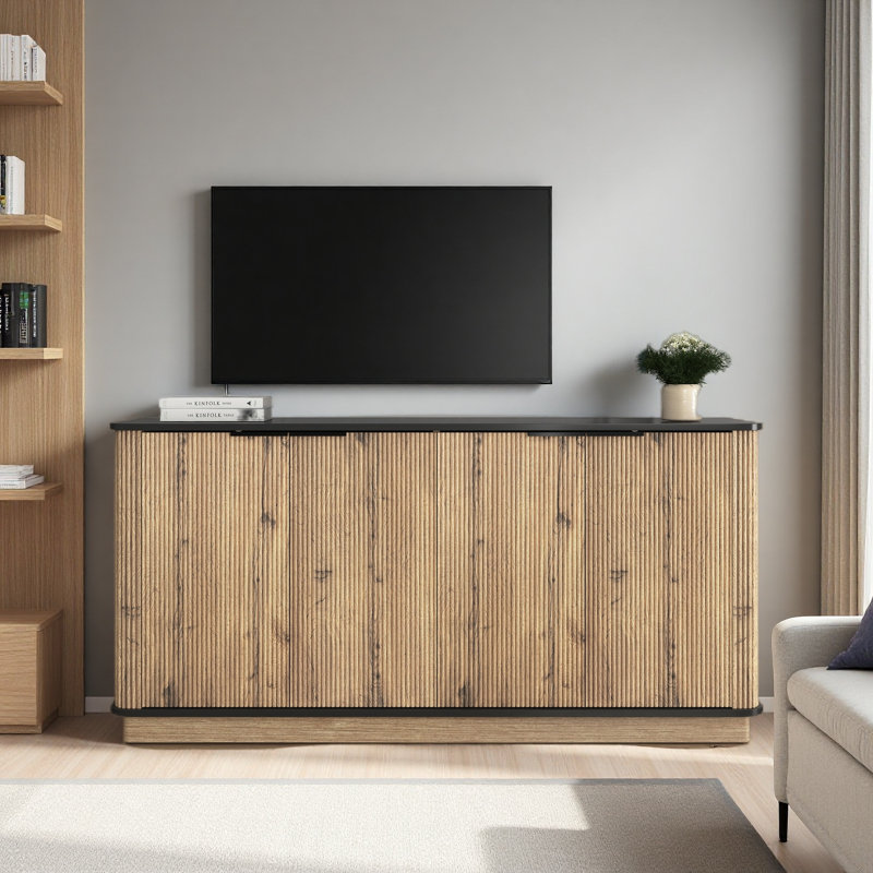 Buffet multifonctionnel en panneau de fibres à densité moyenne, un choix idéal pour le rangement de la télévision et de la vaisselle dans les maisons modernes, avec des dimensions de produit de 55 x 15,7 x 29,6 pouces